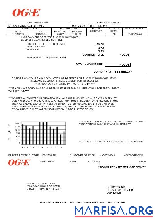 Blank USA Oklahoma OGE Energy business utility bill template in Word and PDF formats